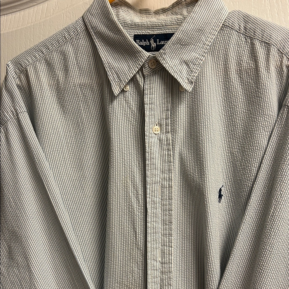 Ralph Lauren Men's Blue and White Seersucker Striped Shirt
